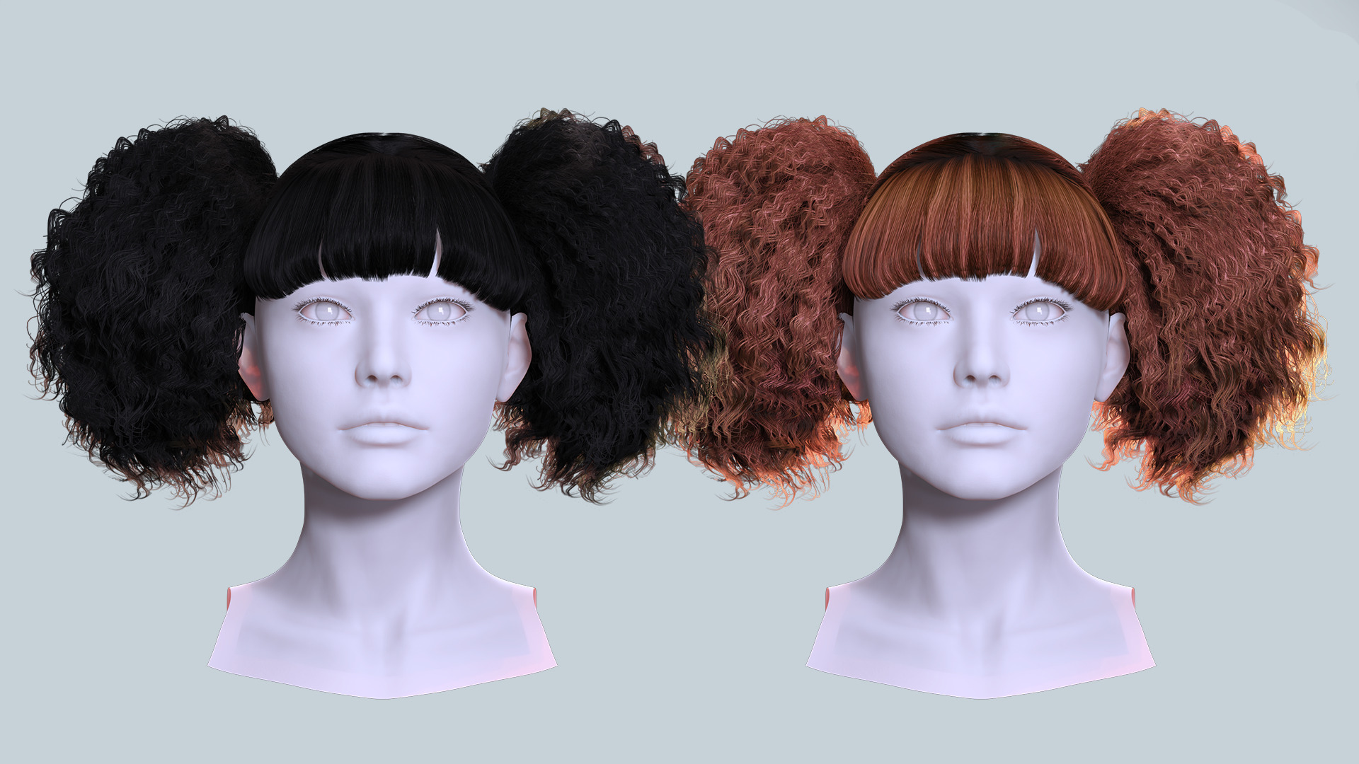 Curly Puff Pigtails with Bangs - Hair for Female Characters Low-poly 3D model_3