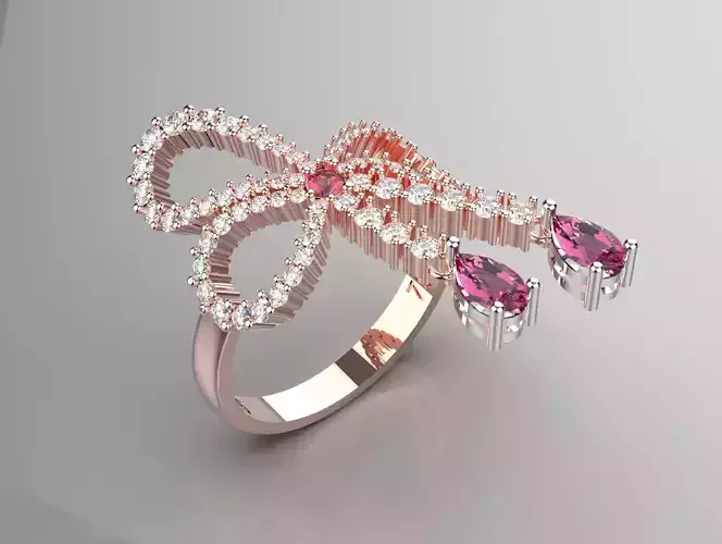 Luxury rose gold bow tie ring with diamonds rubies model jr00110