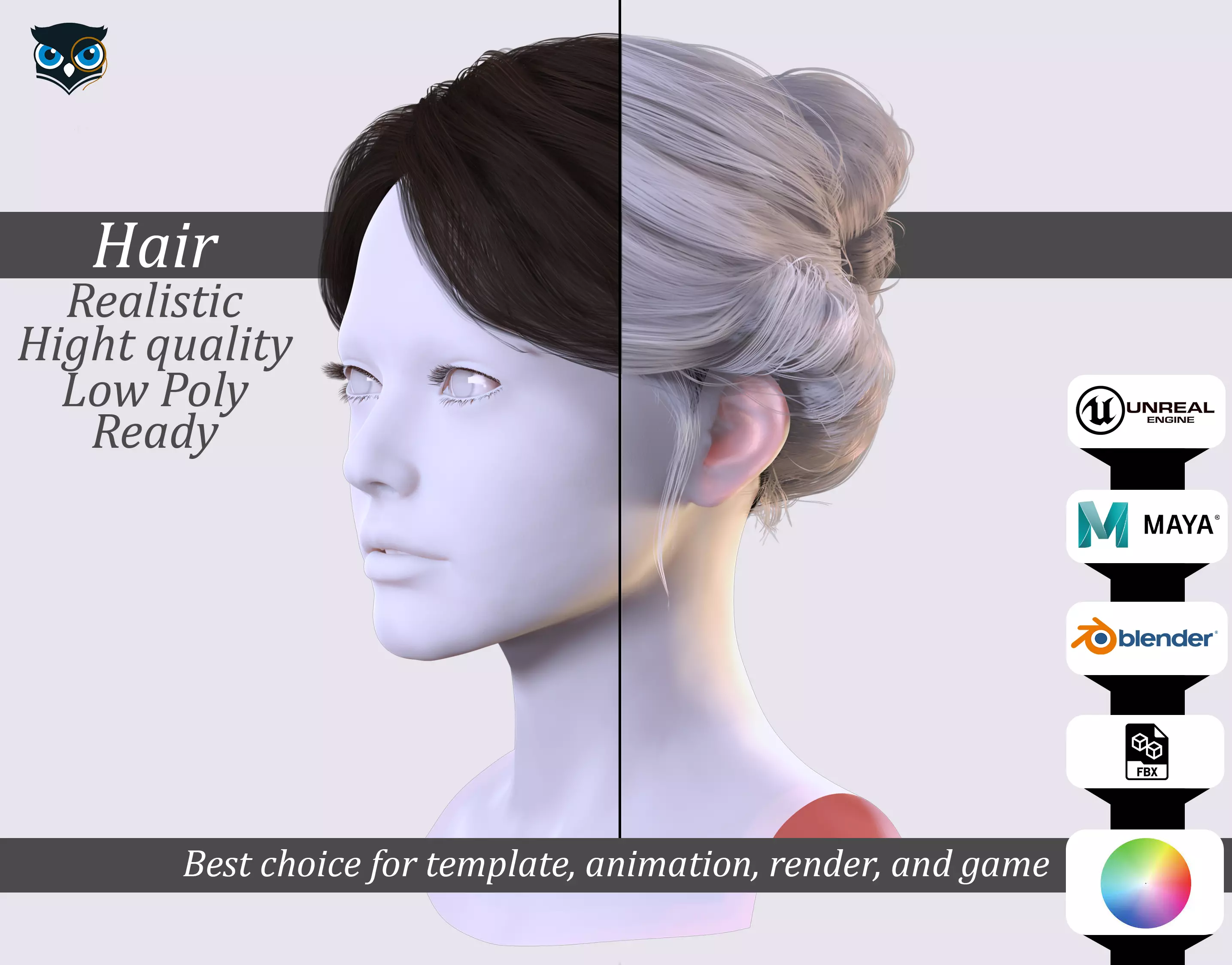 Elegant Bun Hairstyle - Realistic 3D Female Hair Model Low-poly 3D model_0