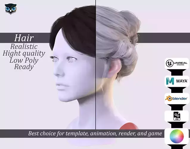 Elegant Bun Hairstyle - Realistic 3D Female Hair Model Low-poly 3D model Elegant Bun Hairstyle - Realistic 3D Female Hair Model Low-poly 3D model