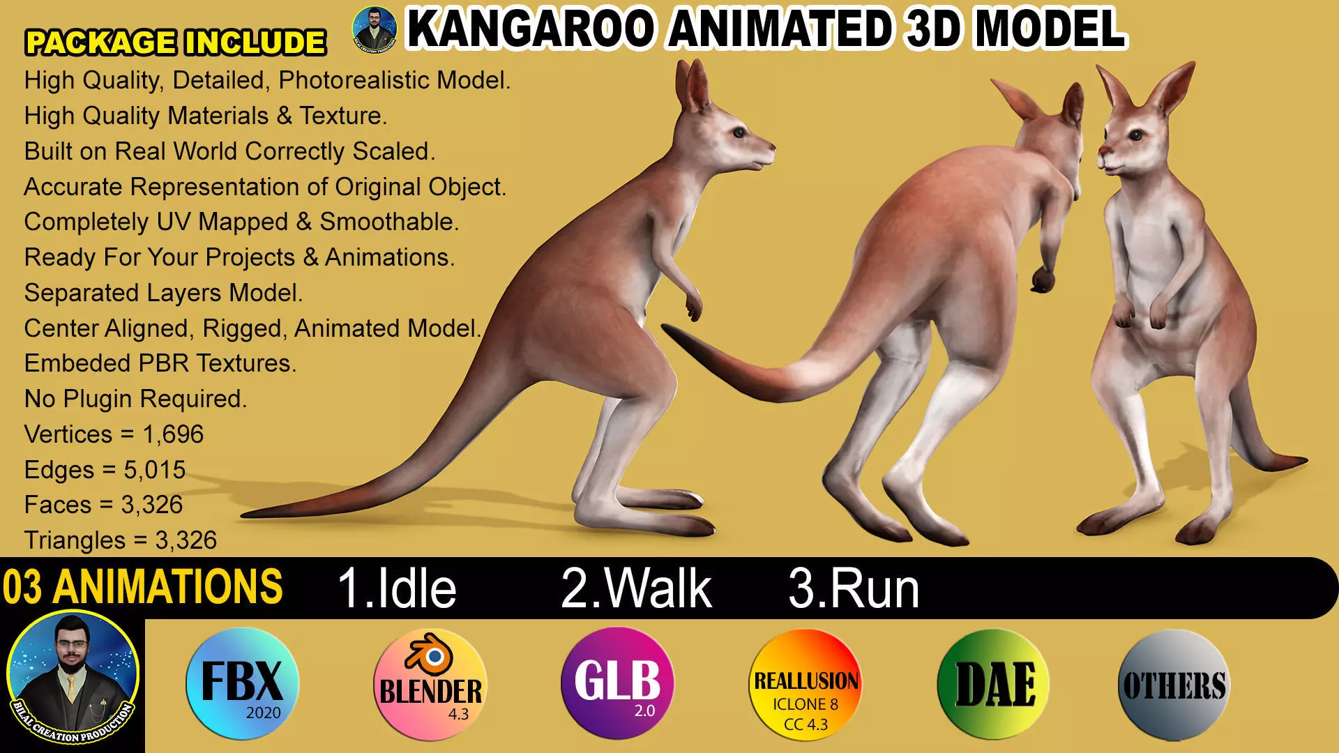 KANGAROO RIGGED ANIMATED 3 Low-poly 3D model_0