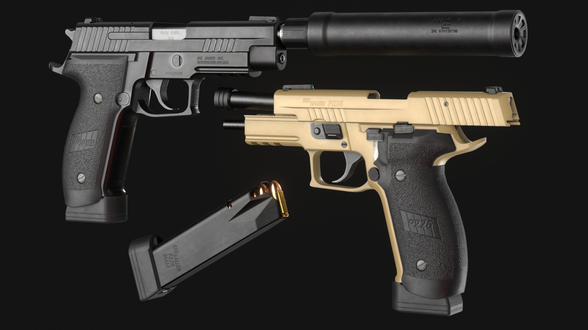 SIG Sauer P226 TACOPS and SRD9 Suppressor - Game Asset Low-poly 3D model_4