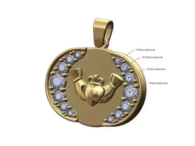 Claddagh heart crown double diamond crescent moon pendant