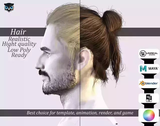 Stylish Male Bun Beard -Game-Ready Hair Asset