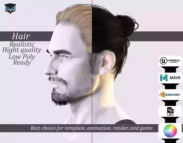 Sleek Man Bun with Trimmed Beard -Game-Ready Asset