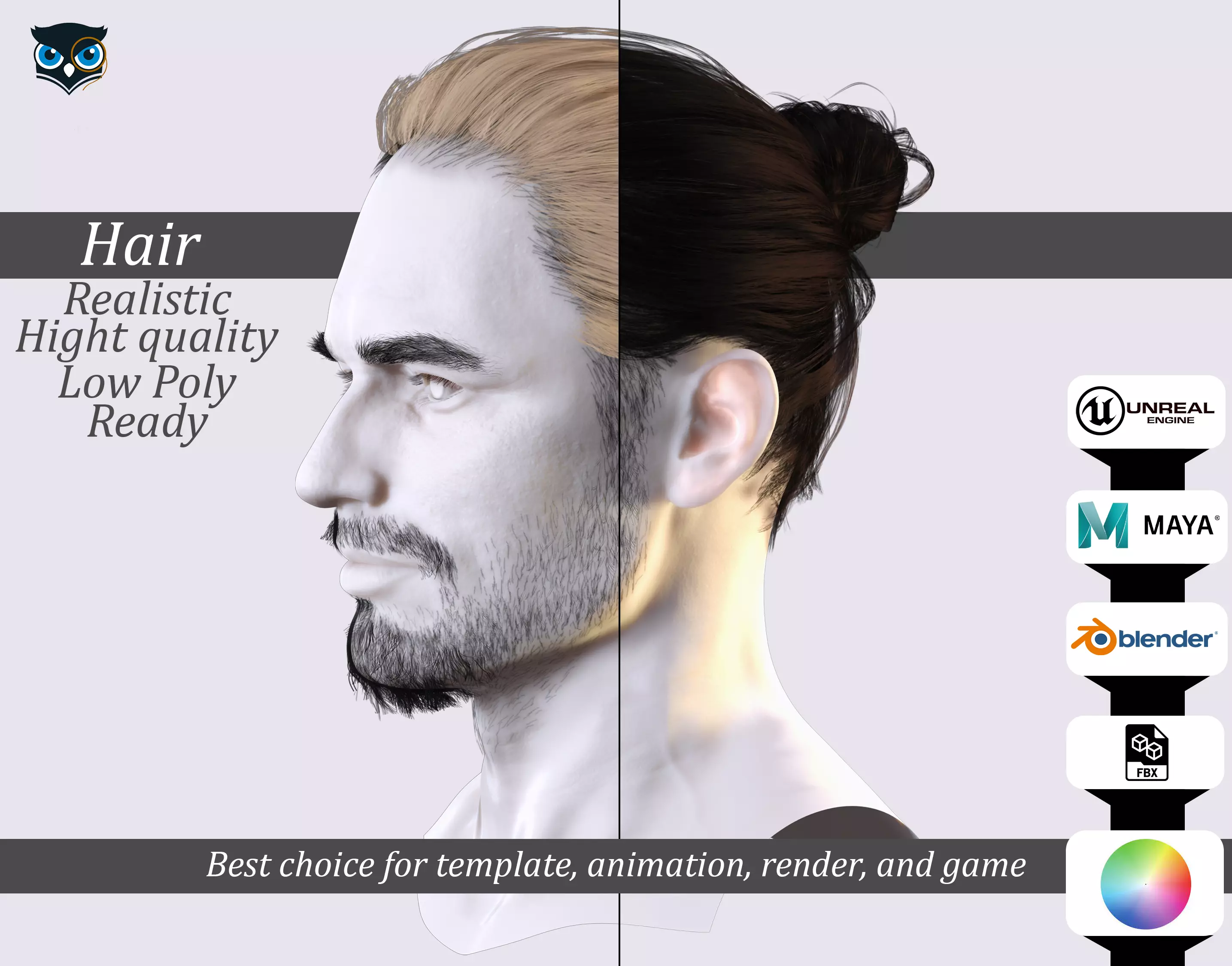 Sleek Man Bun with Trimmed Beard -Game-Ready Asset Low-poly 3D model_0
