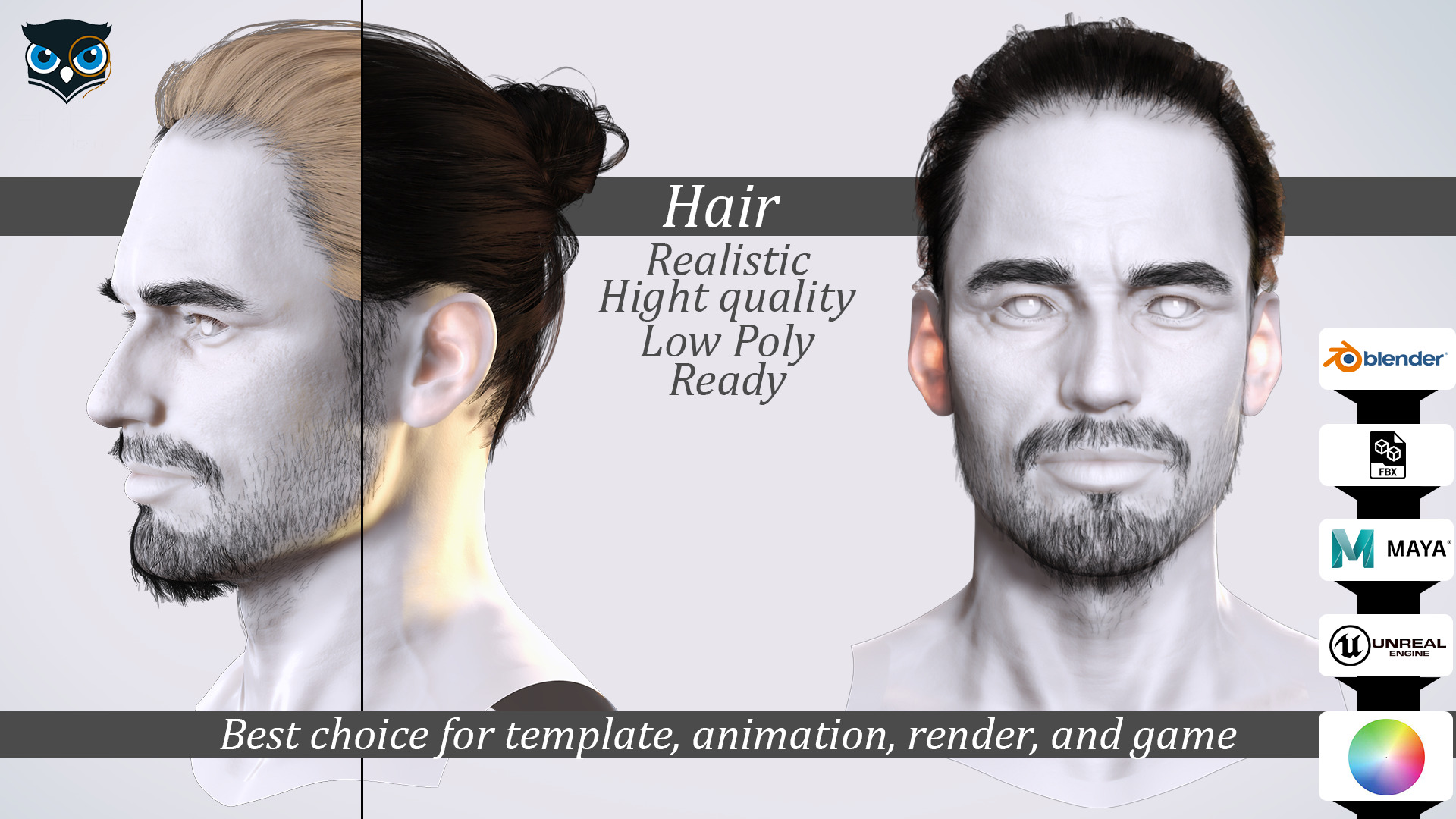 Sleek Man Bun with Trimmed Beard -Game-Ready Asset Low-poly 3D model_1