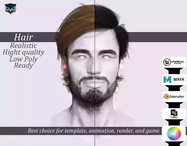 Combed Hair with Textured Beard - Realistic 3D Male Hair