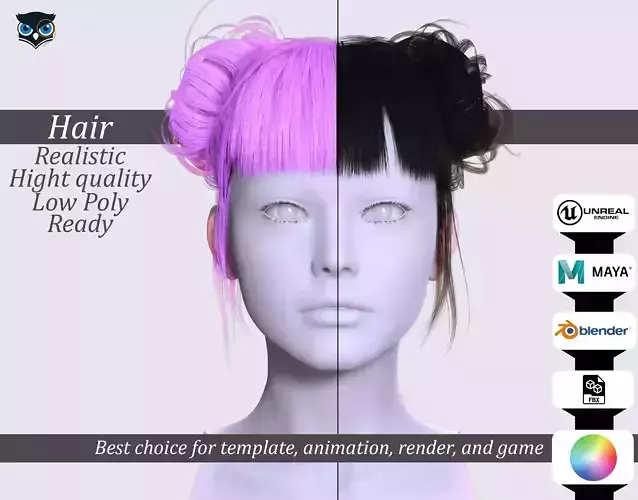 Asian Inspired Twin Bun Hair -Realistic 3D Asset