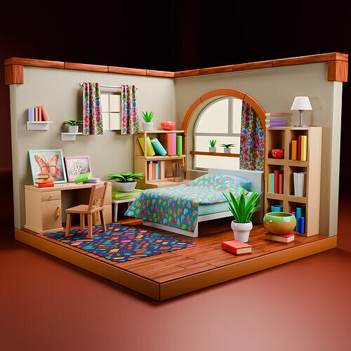 Isometric Cozy Bedroom  Stylized Low Poly 3D Interior Low-poly 3D model