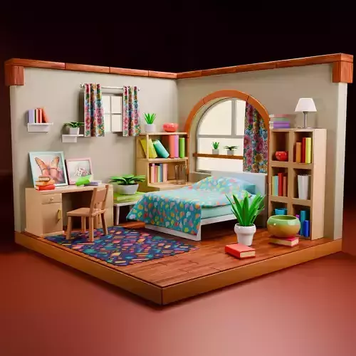 Isometric Cozy Bedroom  Stylized Low Poly 3D Interior