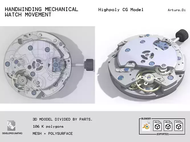 Mechanical handwinding watch movement  3D model