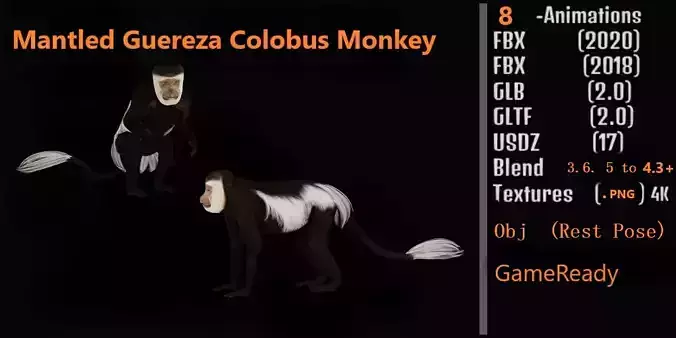 Black White Colobus Monkey Low-poly 3D model