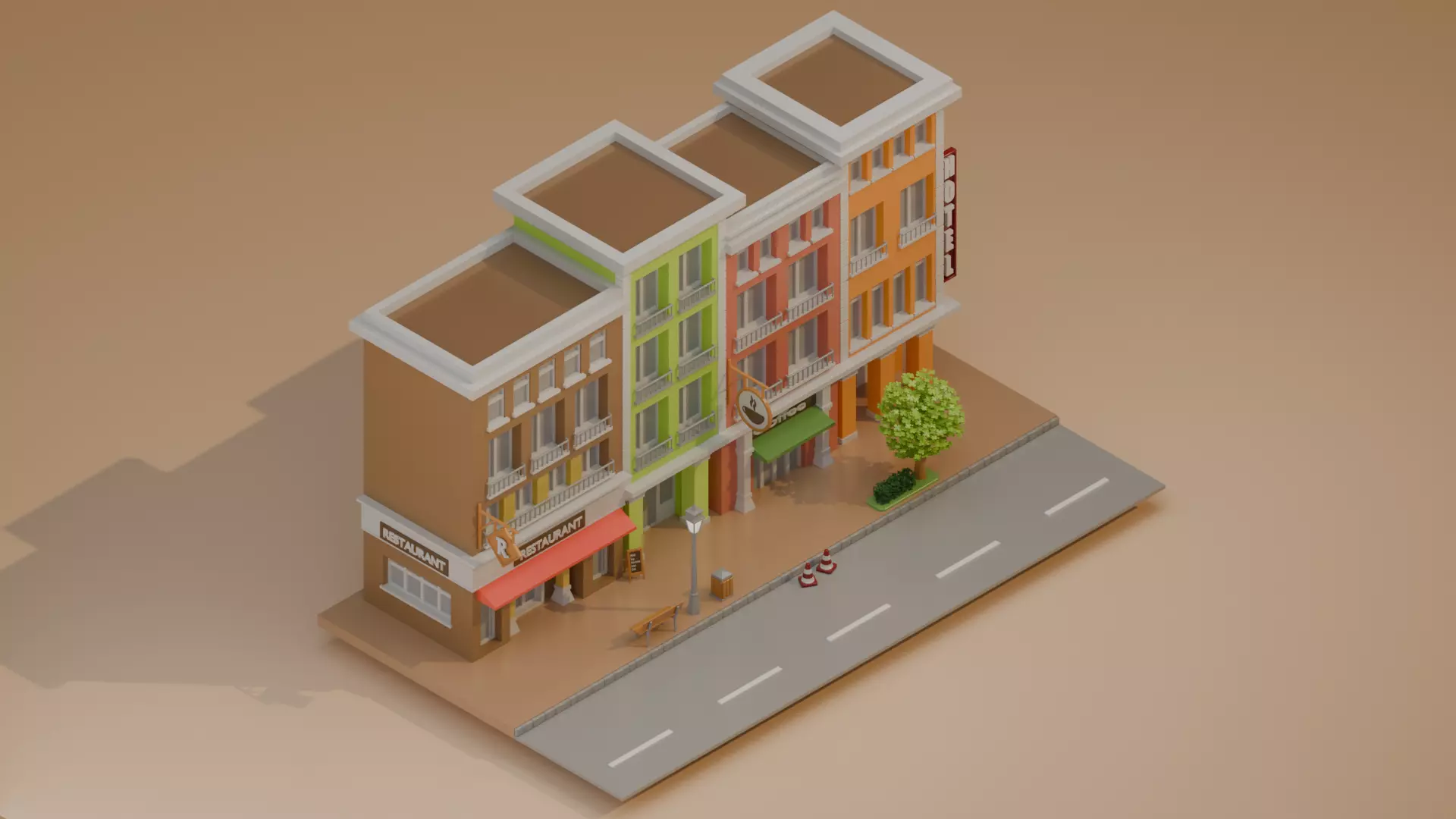 City Street Scene with Shops Low Poly 3D model