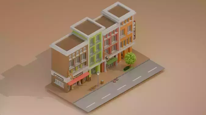 City Street Scene with Shops Low Poly