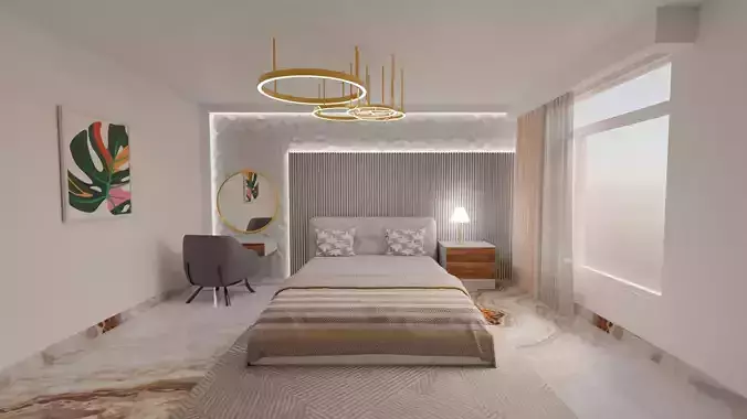 3D Modern Bedroom with Lighting Bed and Furniture