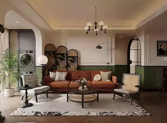 The living and dining room of an American-style villa 3D model