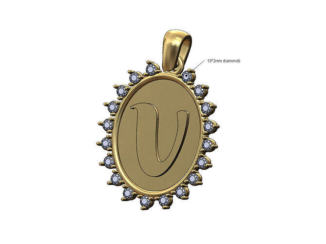 Oval V initial letter diamond pendant charm 3D print model