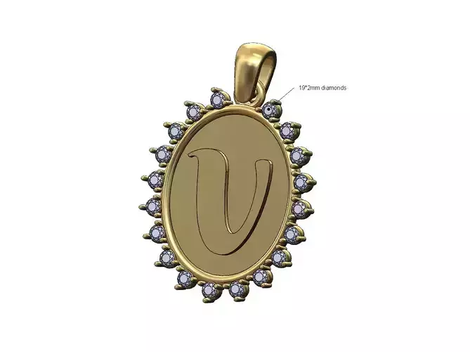 Oval V initial letter diamond pendant charm