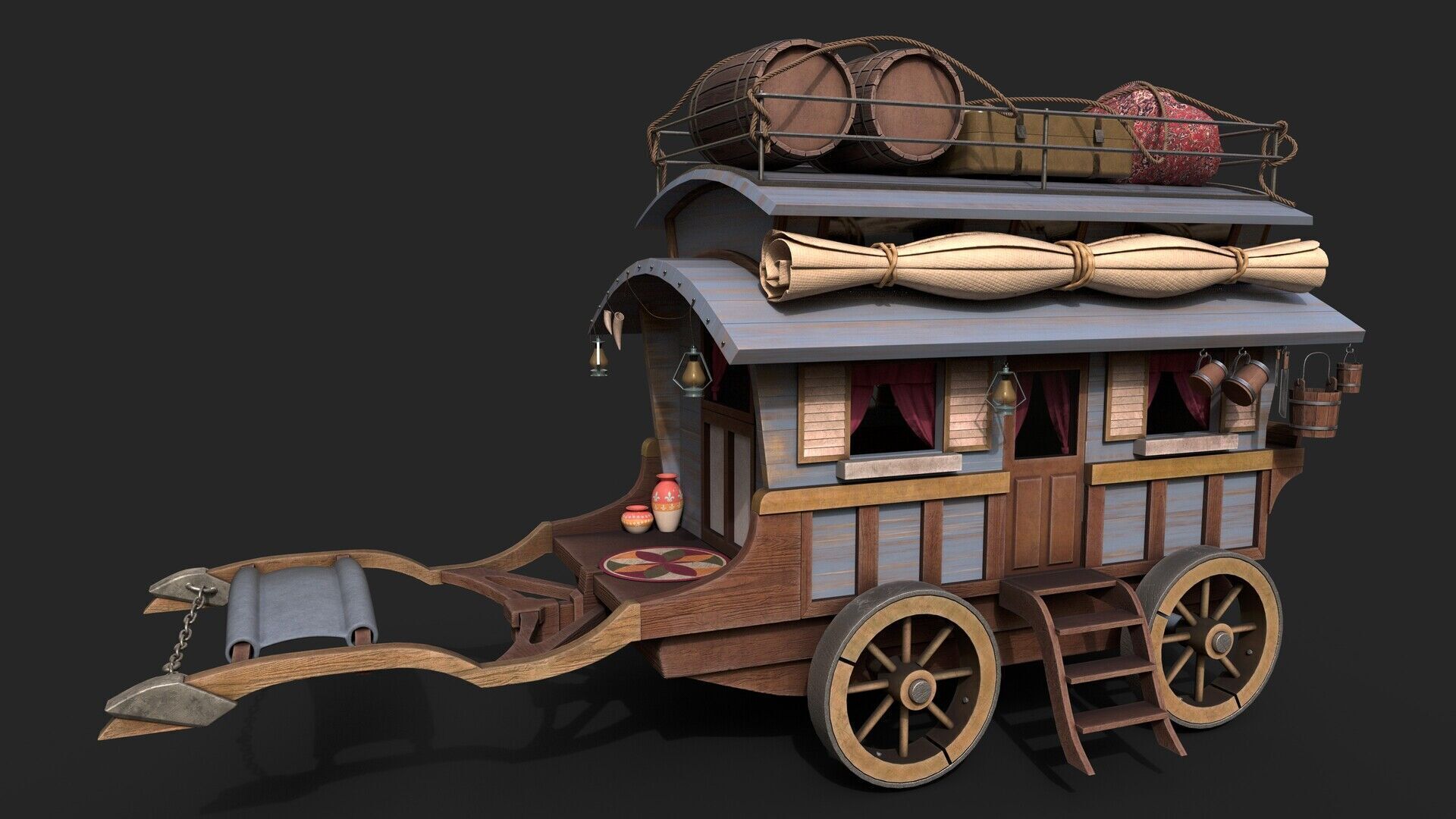 Wooden carriage 3D model with textures Low-poly 3D model_1