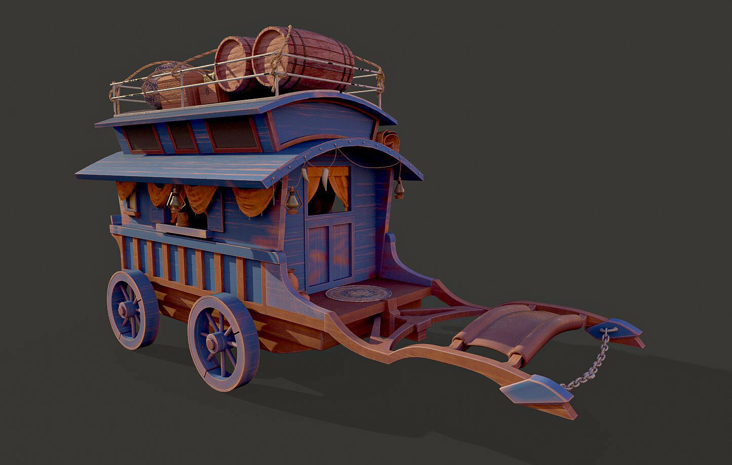 Wooden carriage 3D model with textures Low-poly 3D model_3