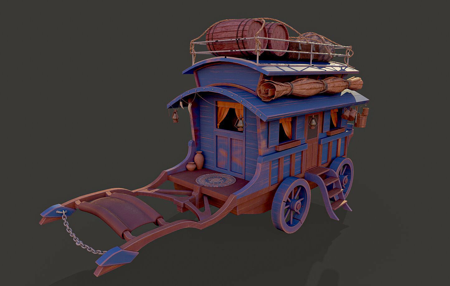 Wooden carriage 3D model with textures Low-poly 3D model_4