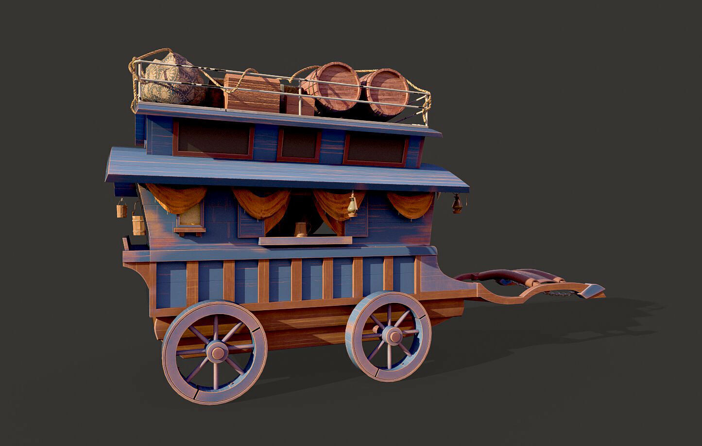 Wooden carriage 3D model with textures Low-poly 3D model_2