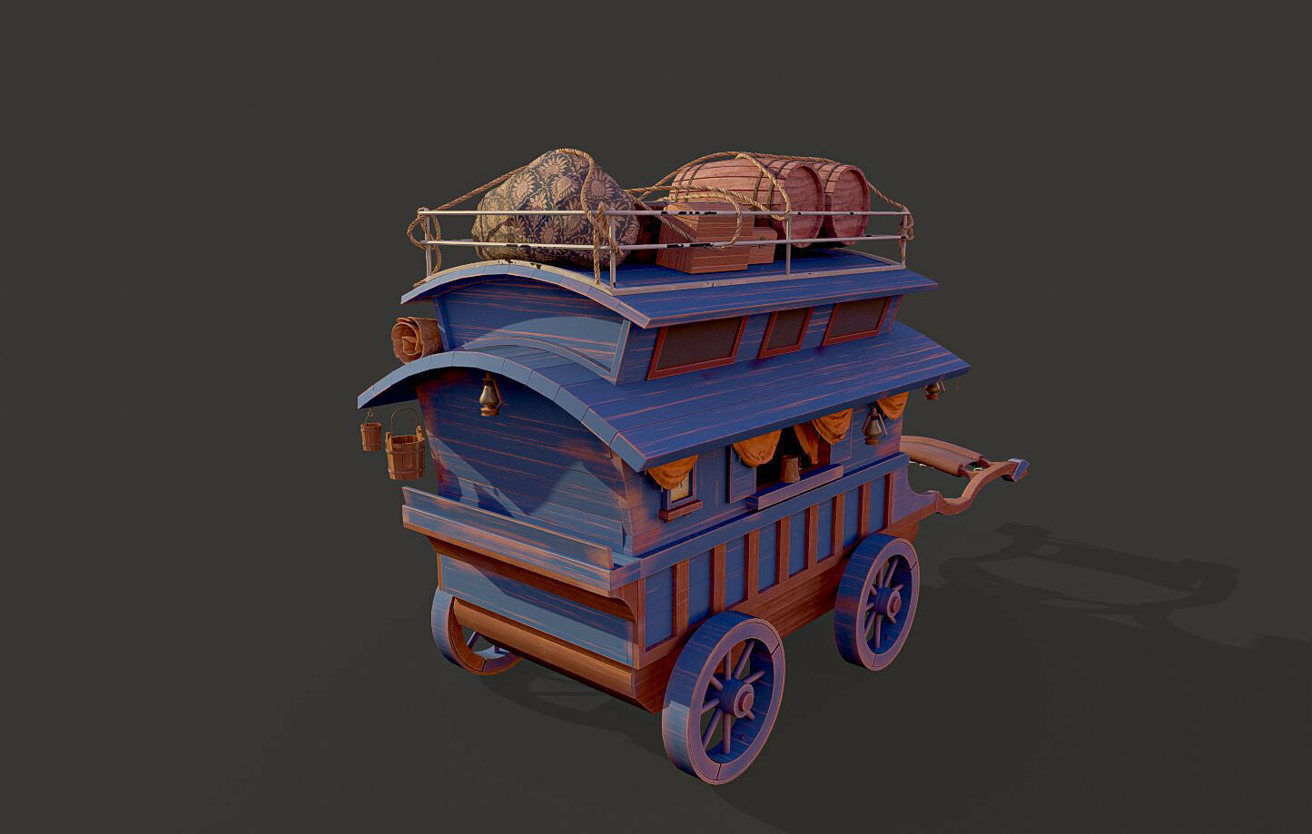 Wooden carriage 3D model with textures Low-poly 3D model_5