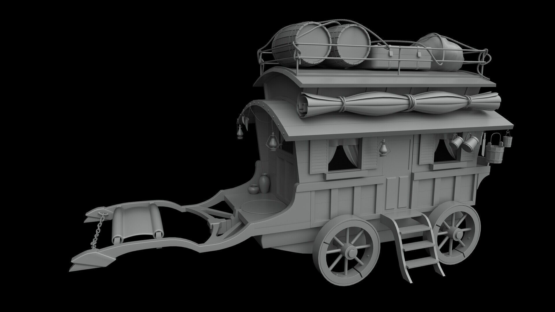 Wooden carriage 3D model with textures Low-poly 3D model_8