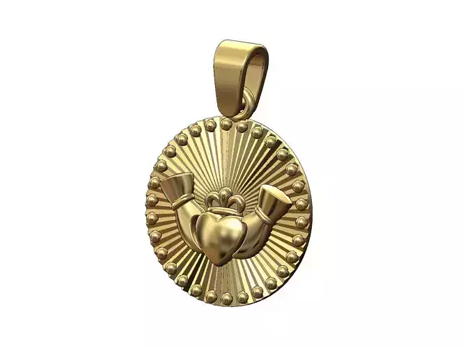 Claddagh heart crown faceted sunrays beaded coin pendant charm