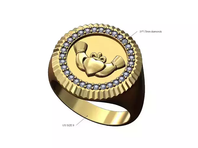 Fluted bezel Claddagh heart crown diamond signet ring size 9 3D print model