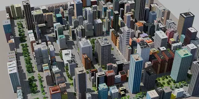 City Downtown Skyscraper Street Low-poly 3D model 2