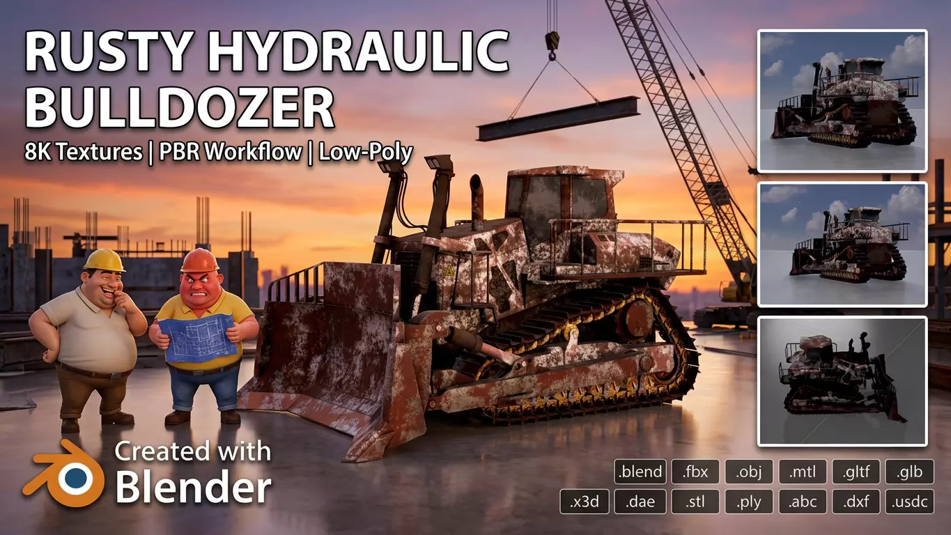 Hydraulic bulldozer tracked construction site vehicle rusty Low-poly 3D model