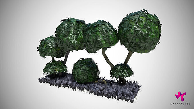 Stylized Topiary Trees with Ground Foliage Low-poly 3D model