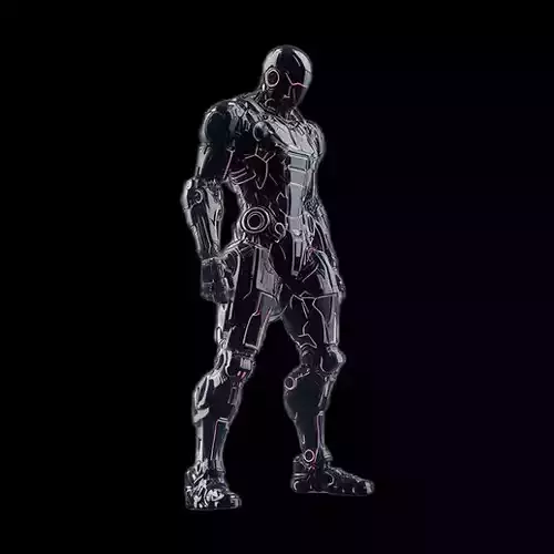 glossy black humanoid robot with glowing red circuit patterns