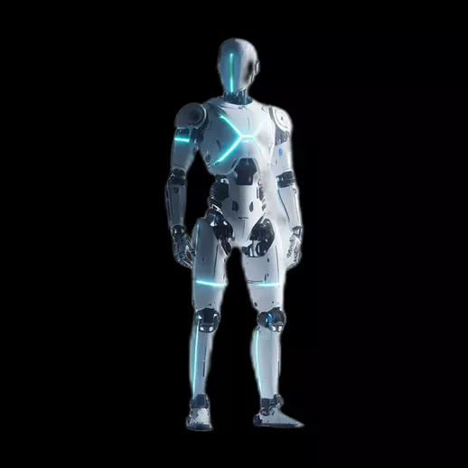 humanoid robot metallic body with blue glowing strips Free low-poly 3D model_0