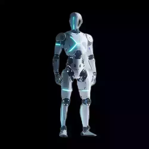 humanoid robot metallic body with blue glowing strips Free low-poly 3D model