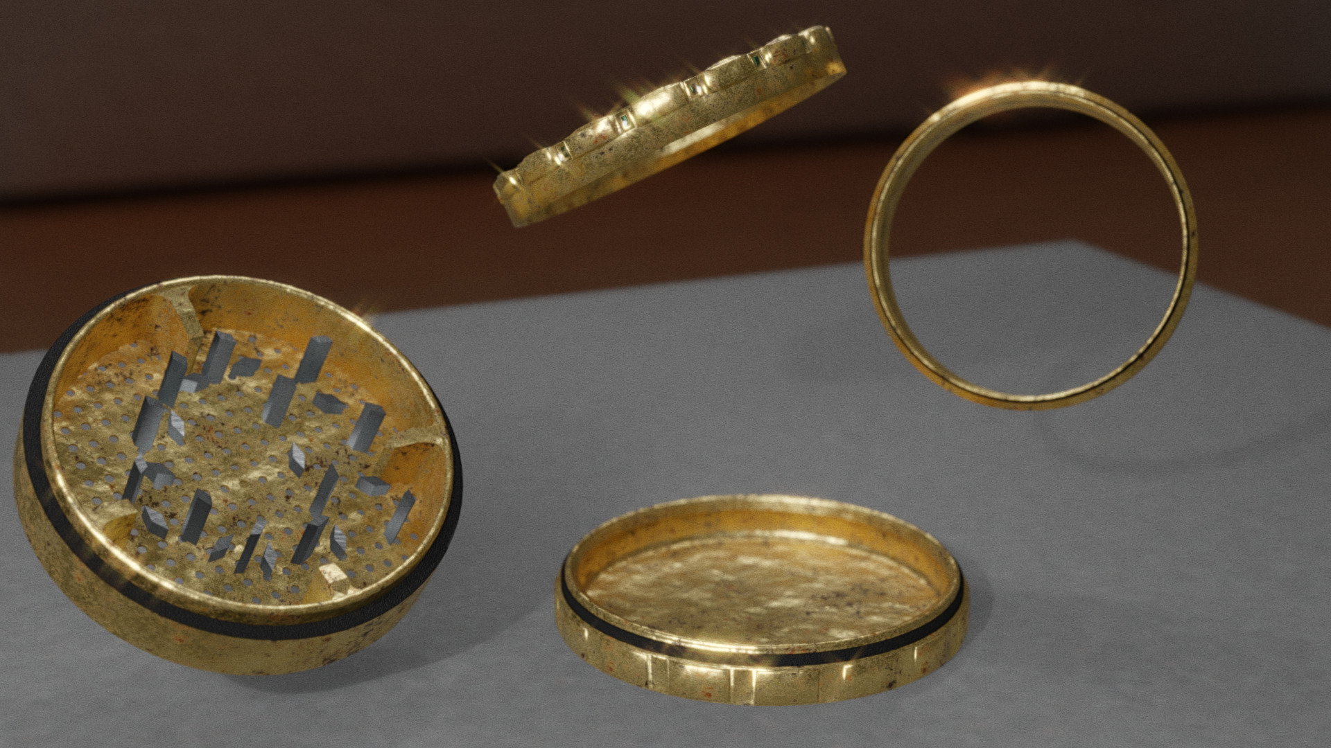 Golden Grinder 3D - Realistic 4-Piece with Emerald Inlay 3D model_1