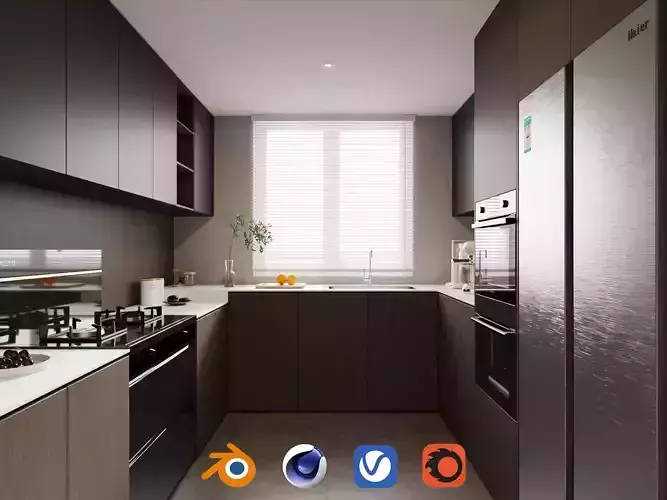 Modern U-Shaped Kitchen with Matte Cabinets 051 3D model