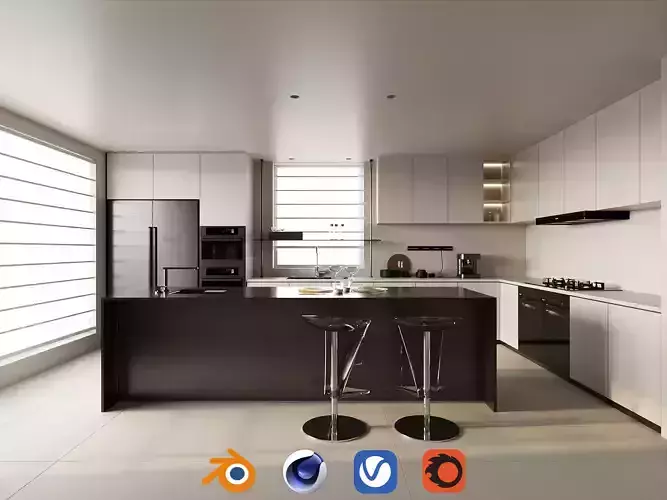 Minimalist Open Kitchen with Island 052 3D model