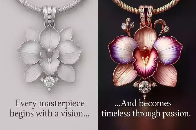 Elegant Orchid Pendant with Ruby  Stones 3D Jewelry Model