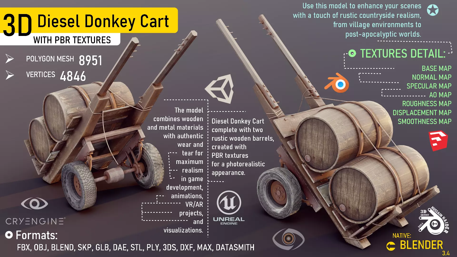 Diesel Donkey Cart with Wooden Barrels 3D model
