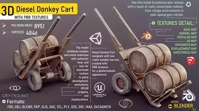 Diesel Donkey Cart with Wooden Barrels