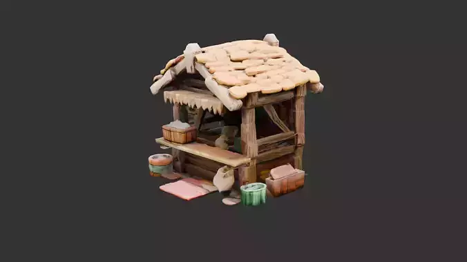 Medieval Wooden Market Stall Tiled Roof - Game Asset Low Poly