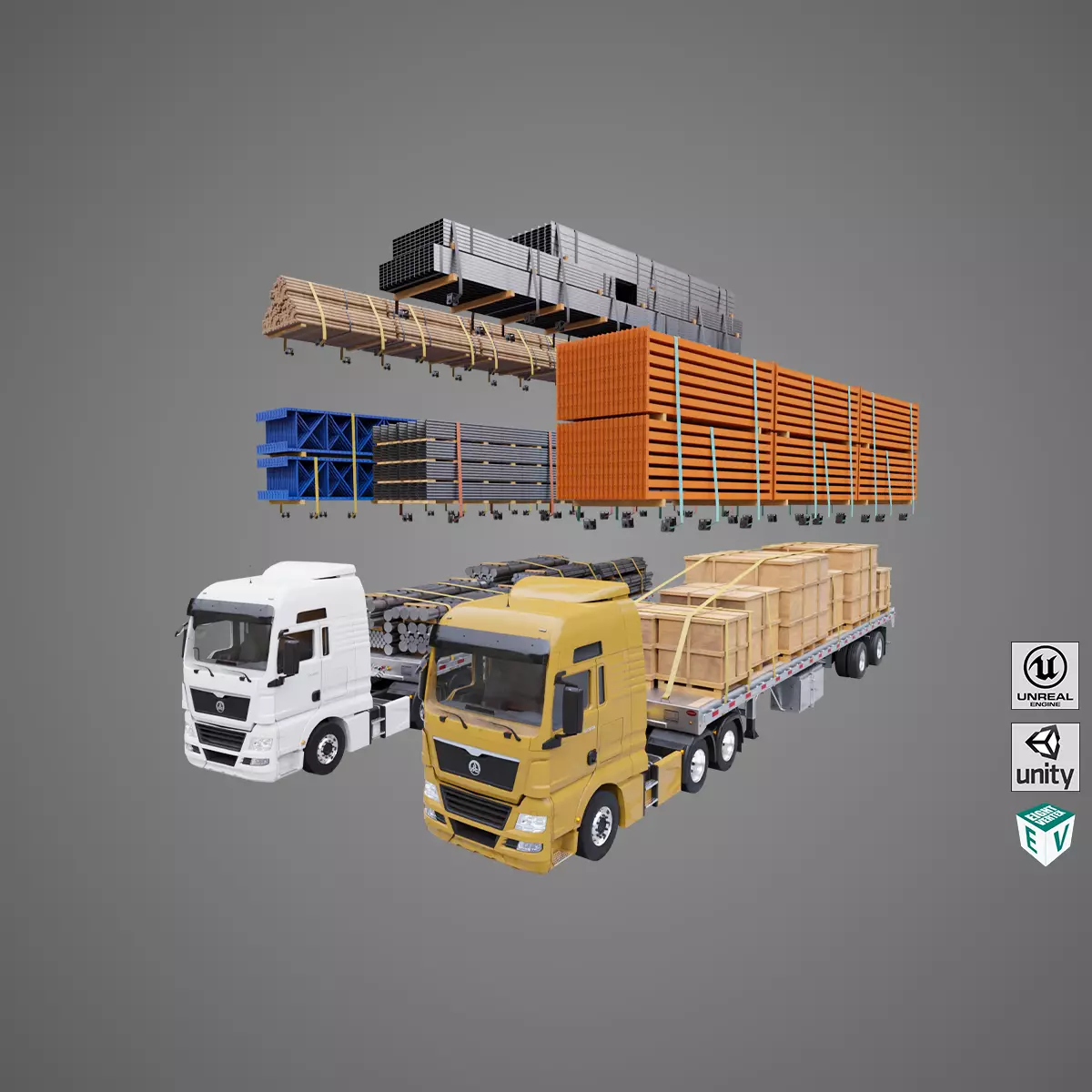 Heavy Truck 04 Flatbed Load Trailer All PBR Unity UE Textures Low-poly 3D model_0