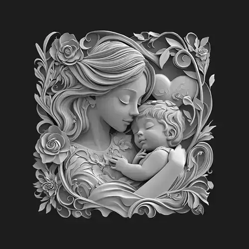 Mother and Baby Floral Embrace Relief 3D print model