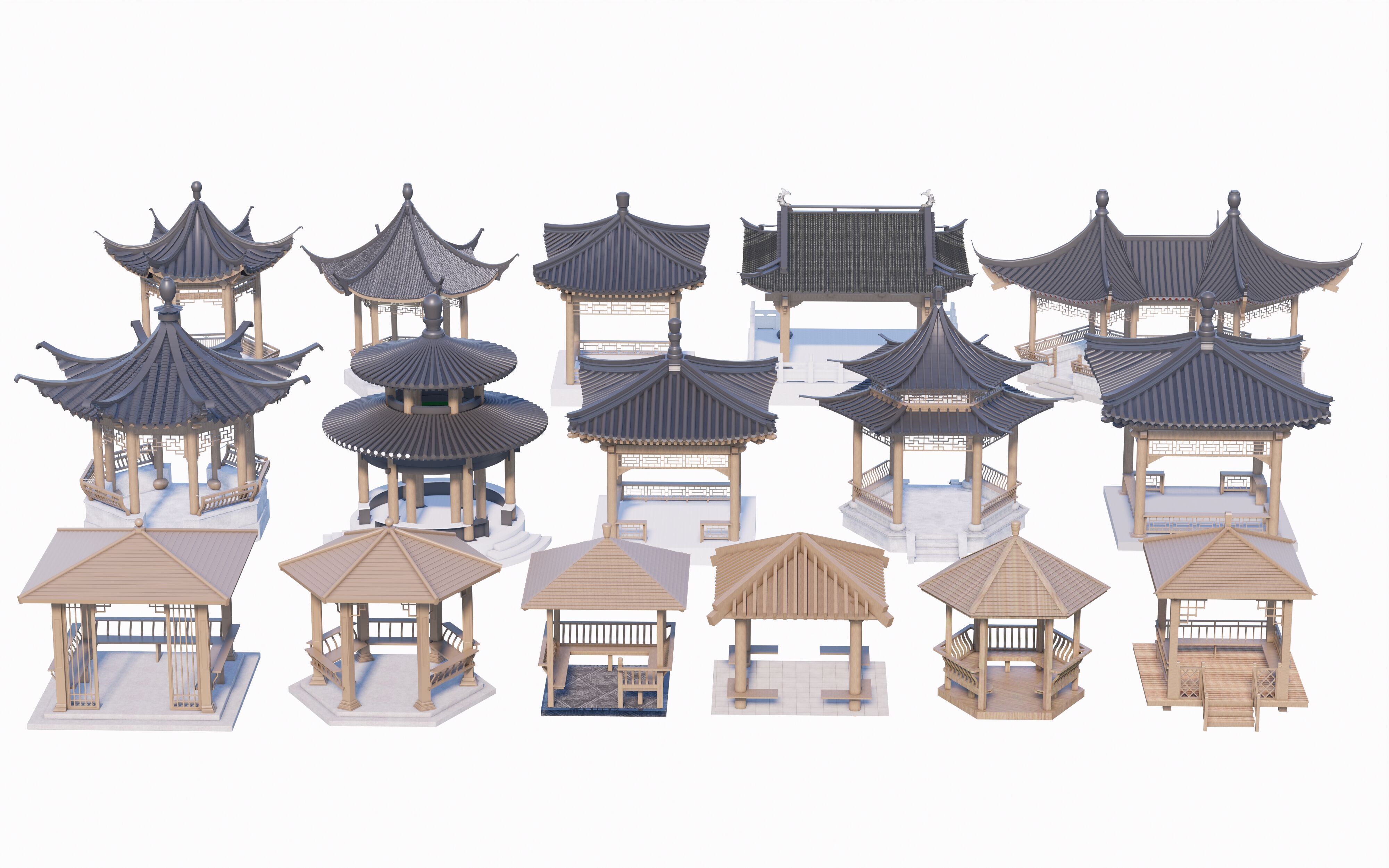 16 Chinese-style pavilions in antique courtyards 3D model_1
