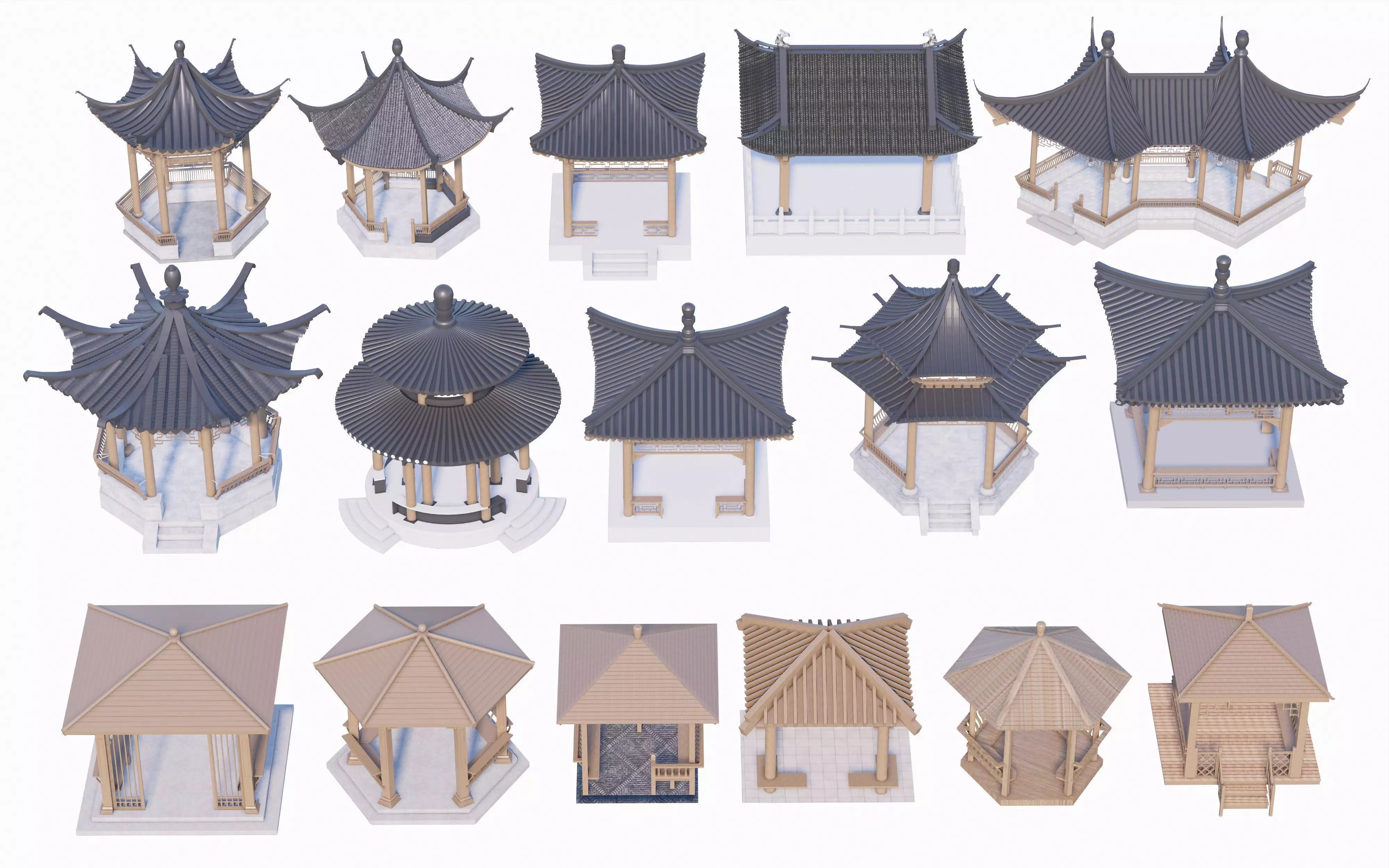 16 Chinese-style pavilions in antique courtyards 3D model_0