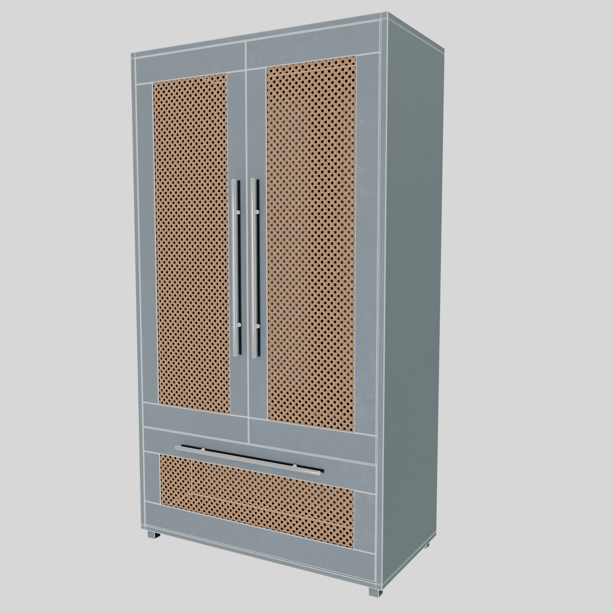 Modern Gray Wardrobe with Wicker Panel Details 3D model_2