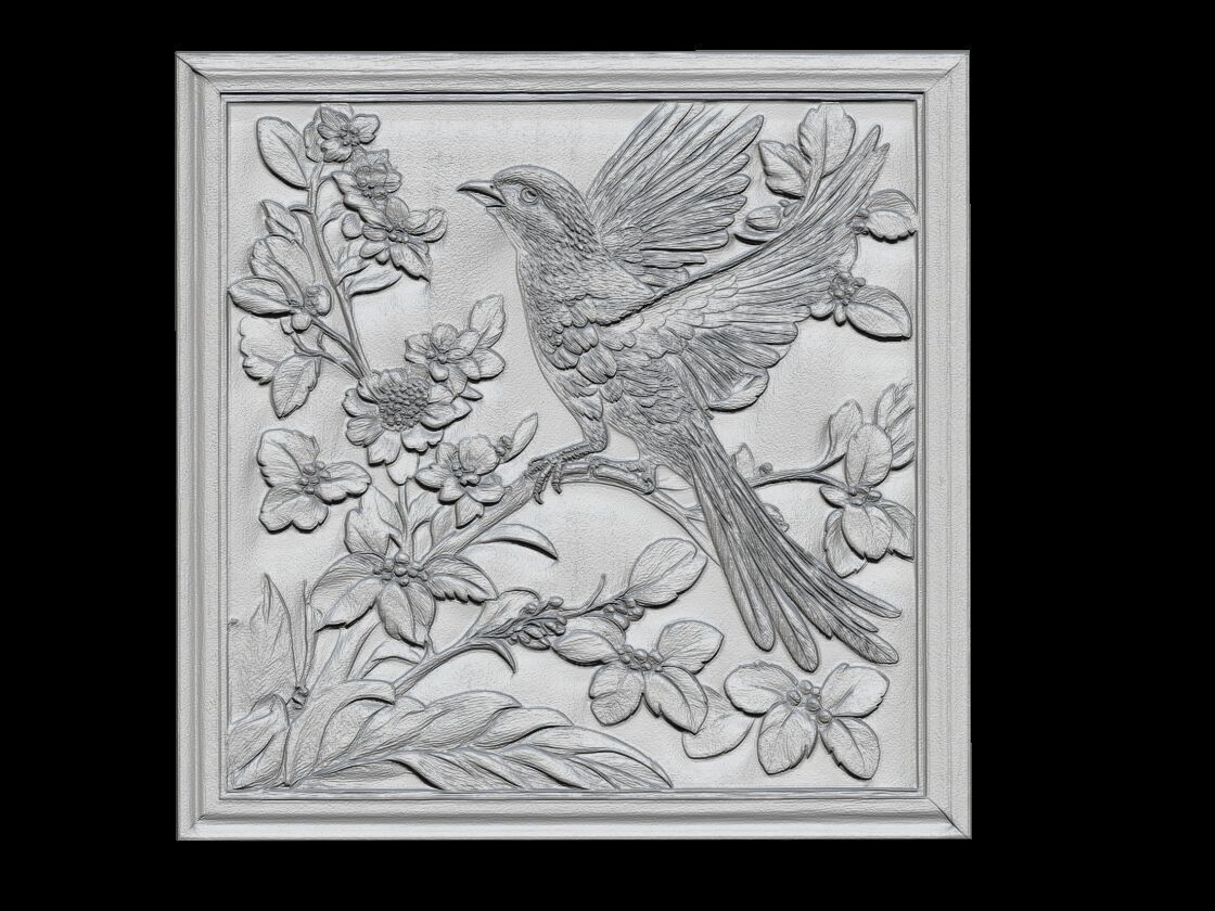 Bird Blossoms Relief 3D print model_1
